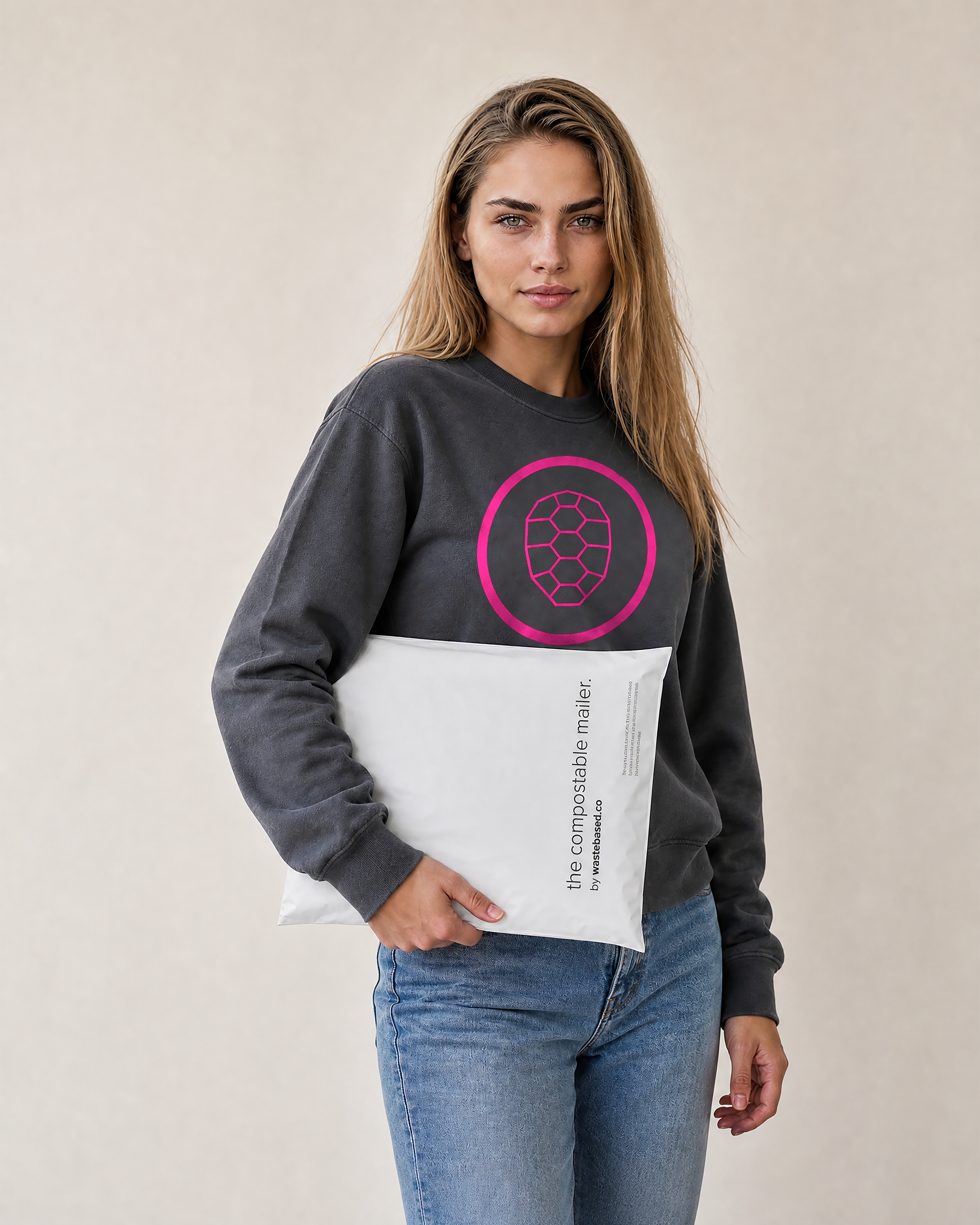 Model carrying the white compostable mailer by wastebased.co under her arm, wearing a dark grey organic sweatshirt with the neon pink ONETURTLE logo