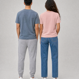 Vera and Jun wearing the unisex EcoWave 2.0 t-shirt in pearl rose and mineral grey, back view