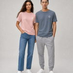 Vera and Jun wearing the unisex EcoWave 2.0 t-shirt in pearl rose and mineral grey, front view