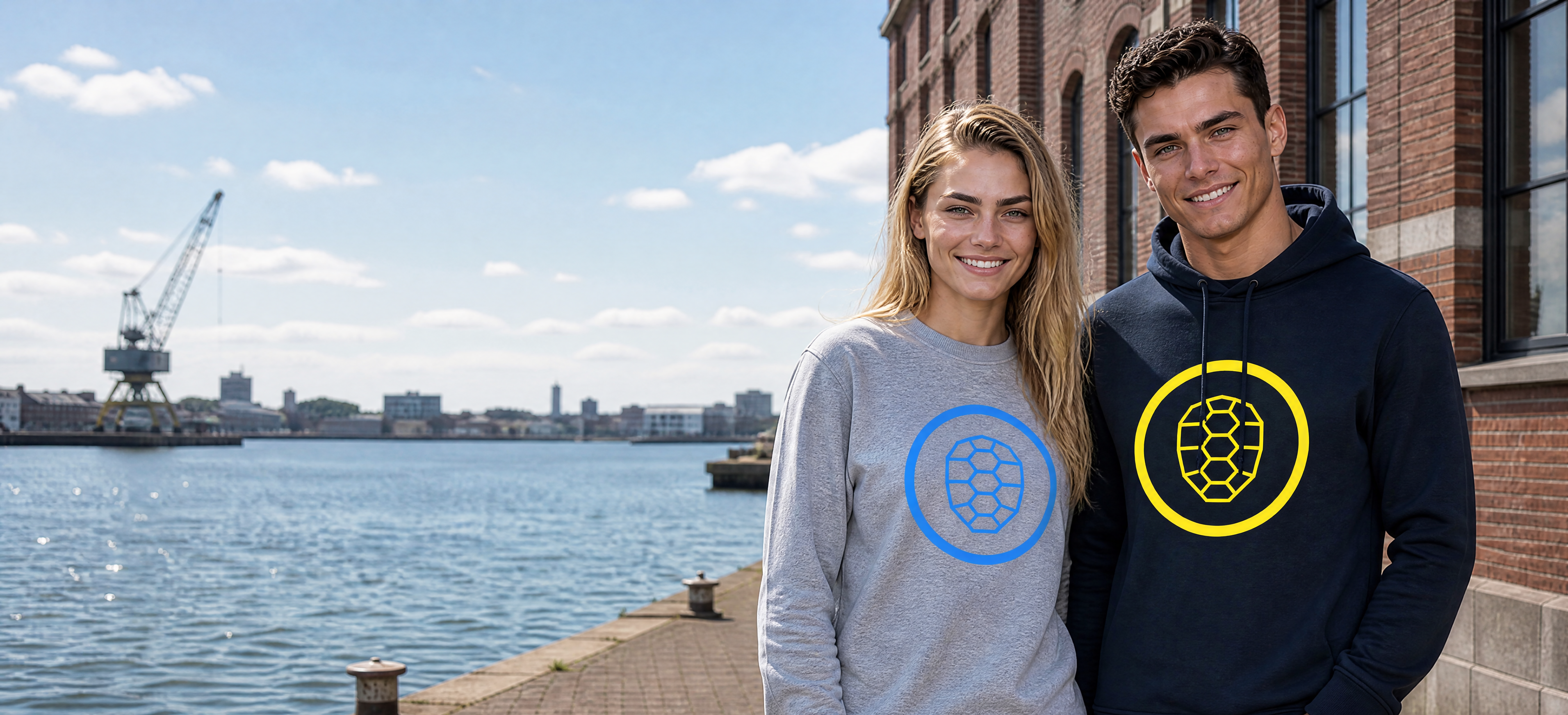 David and Anna wearing ONETURTLE sweatshirt and hoodie on an Amsterdam harbour quay