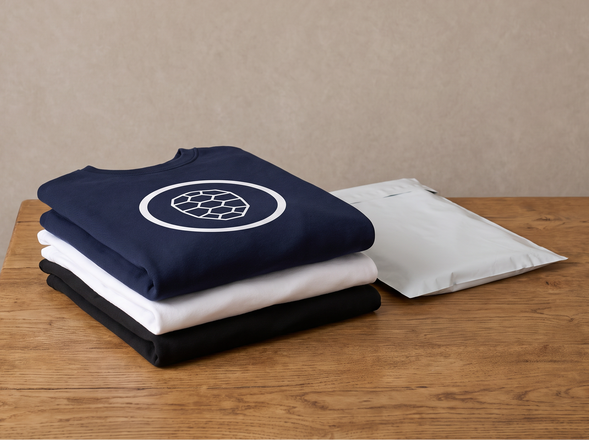 Folded stack of ONETURTLE garments with compostable mailer on a wooden worktable