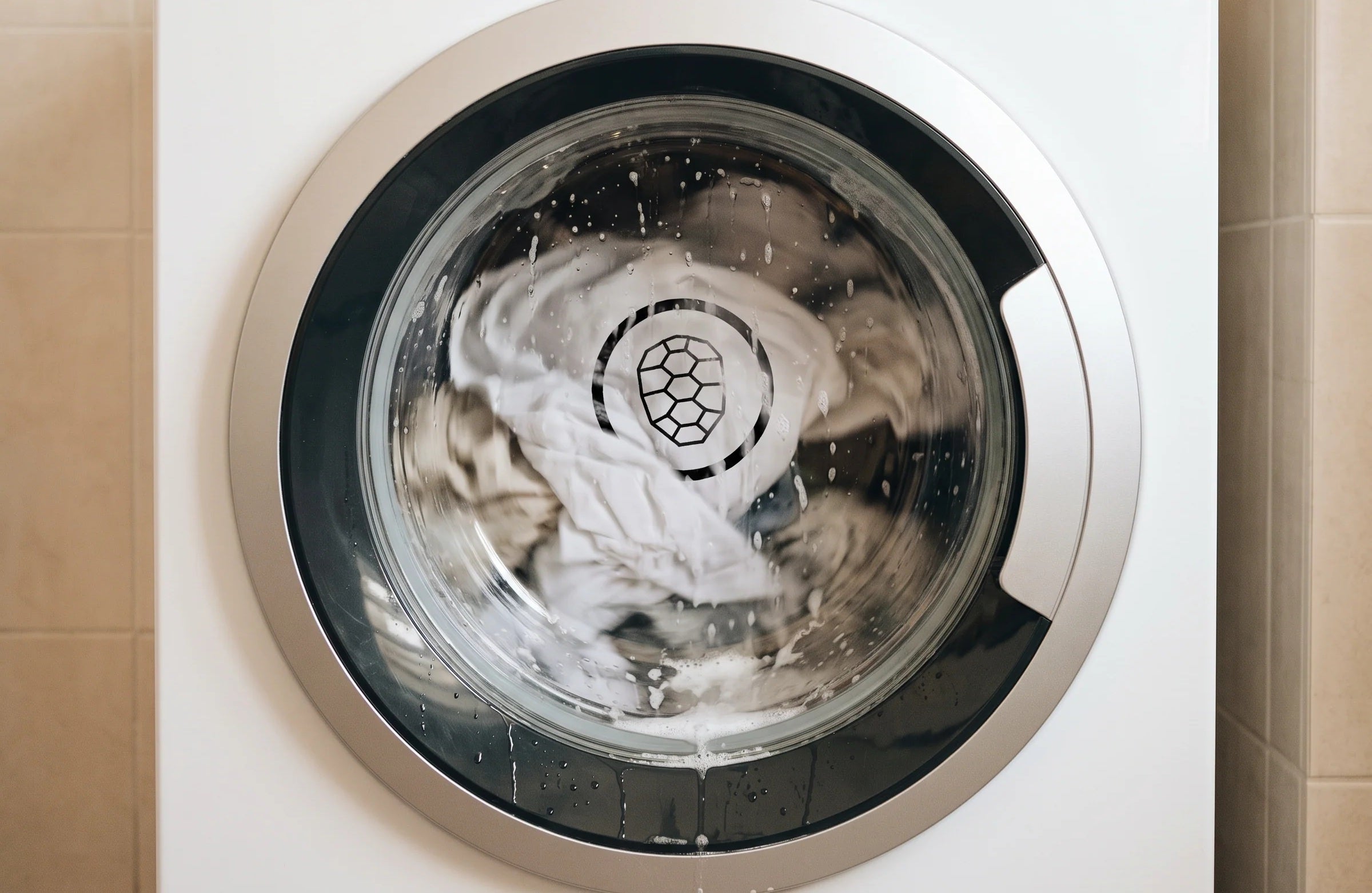 Spinning washing machine drum with ONETURTLE t-shirt logo visible through the glass