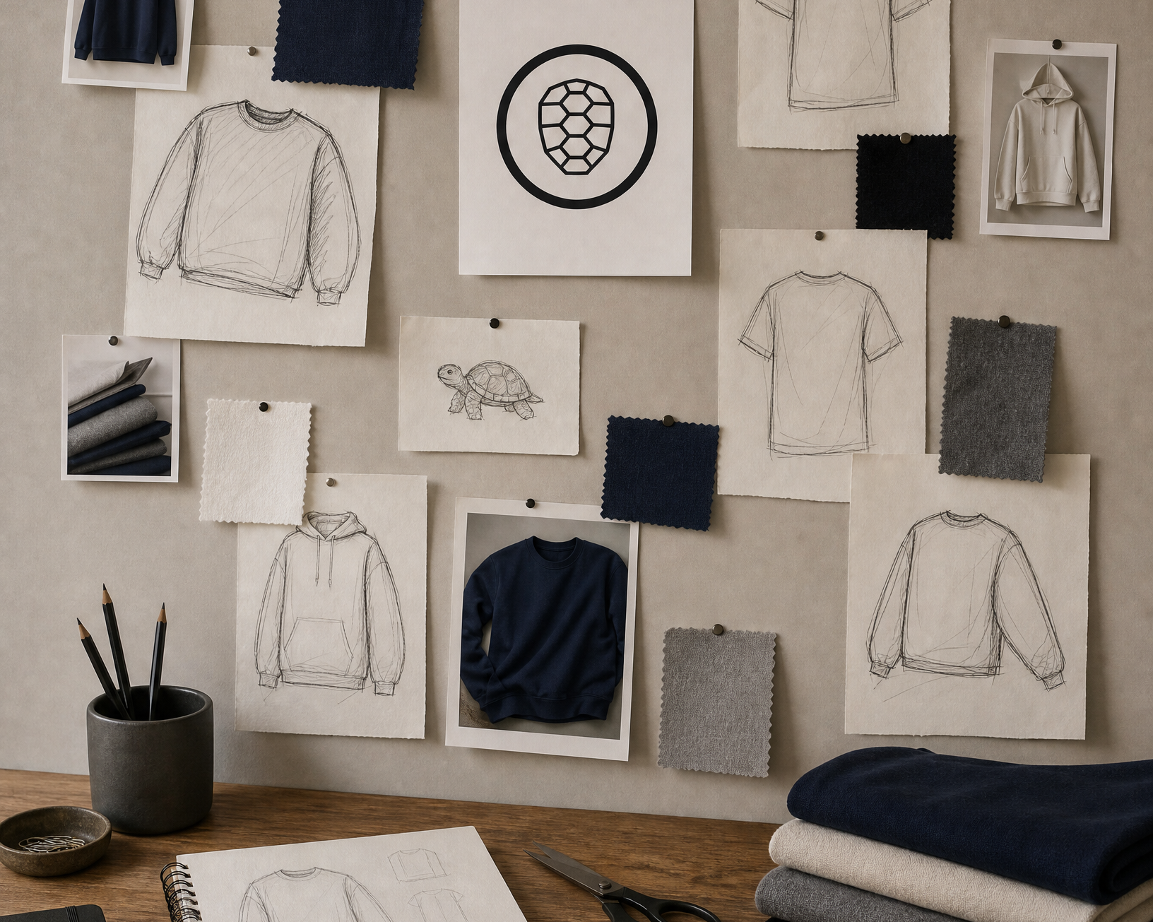Designer desk with a wall of clothing sketches, fabric swatches and the ONETURTLE logo