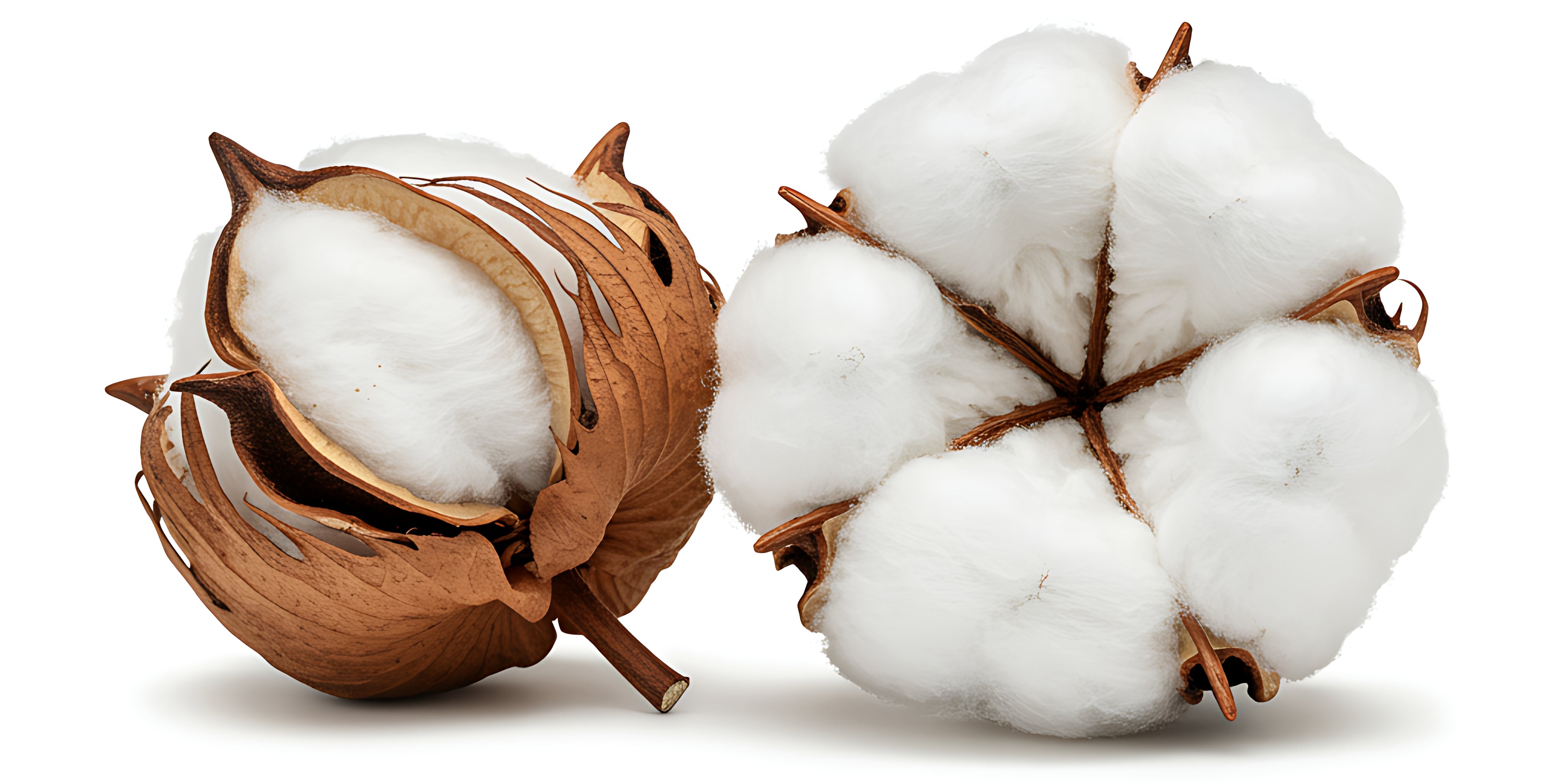 Two open cotton bolls with soft white organic cotton fibers