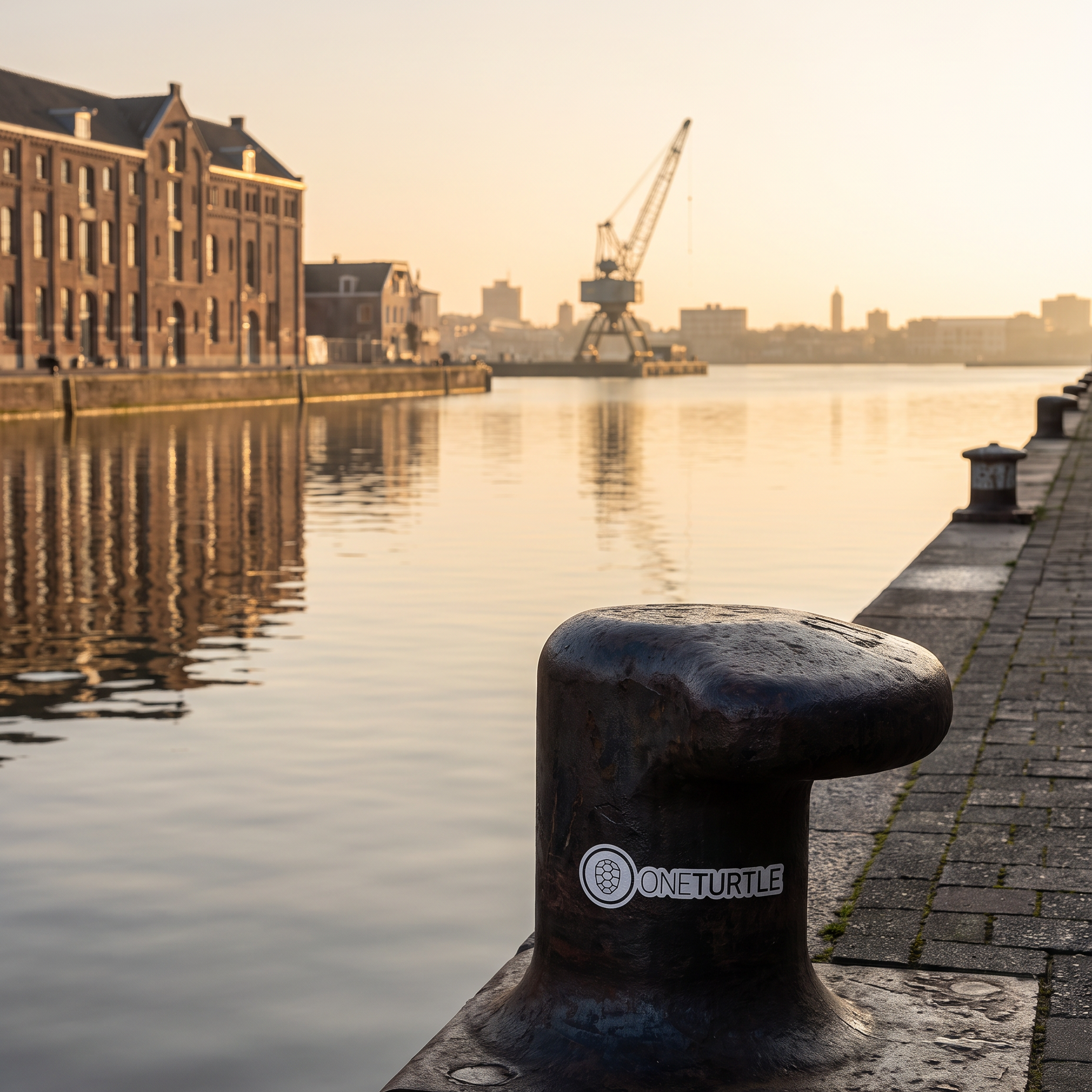 Amsterdam harbour quay in warm morning light with a small ONETURTLE sticker on a mooring bollard