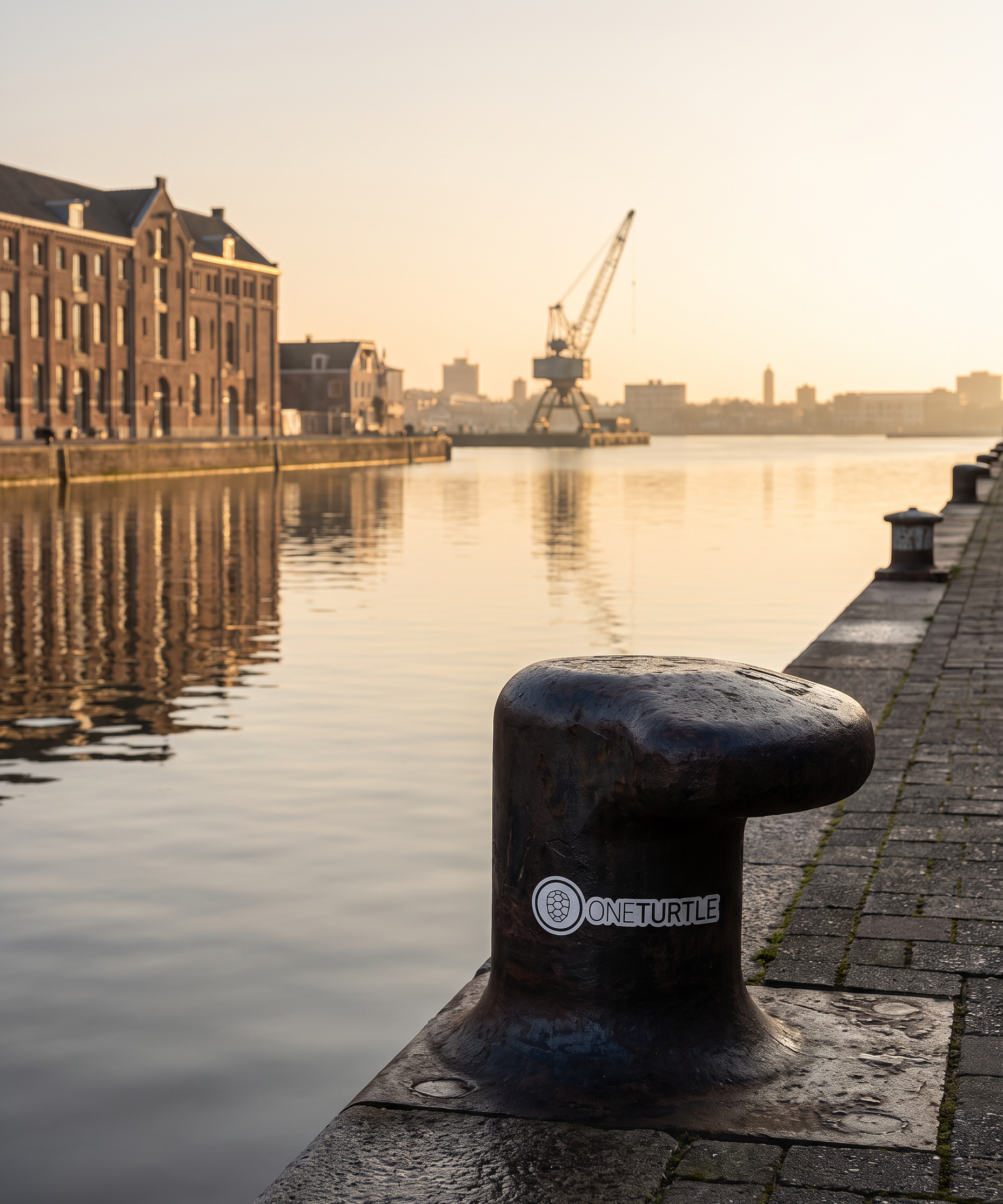Amsterdam harbour quay in warm morning light with a small ONETURTLE sticker on a mooring bollard