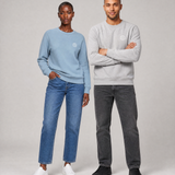 Mia and Noah wearing the unisex PlanetAir sweatshirt in aquamarine and moon grey heather, front view