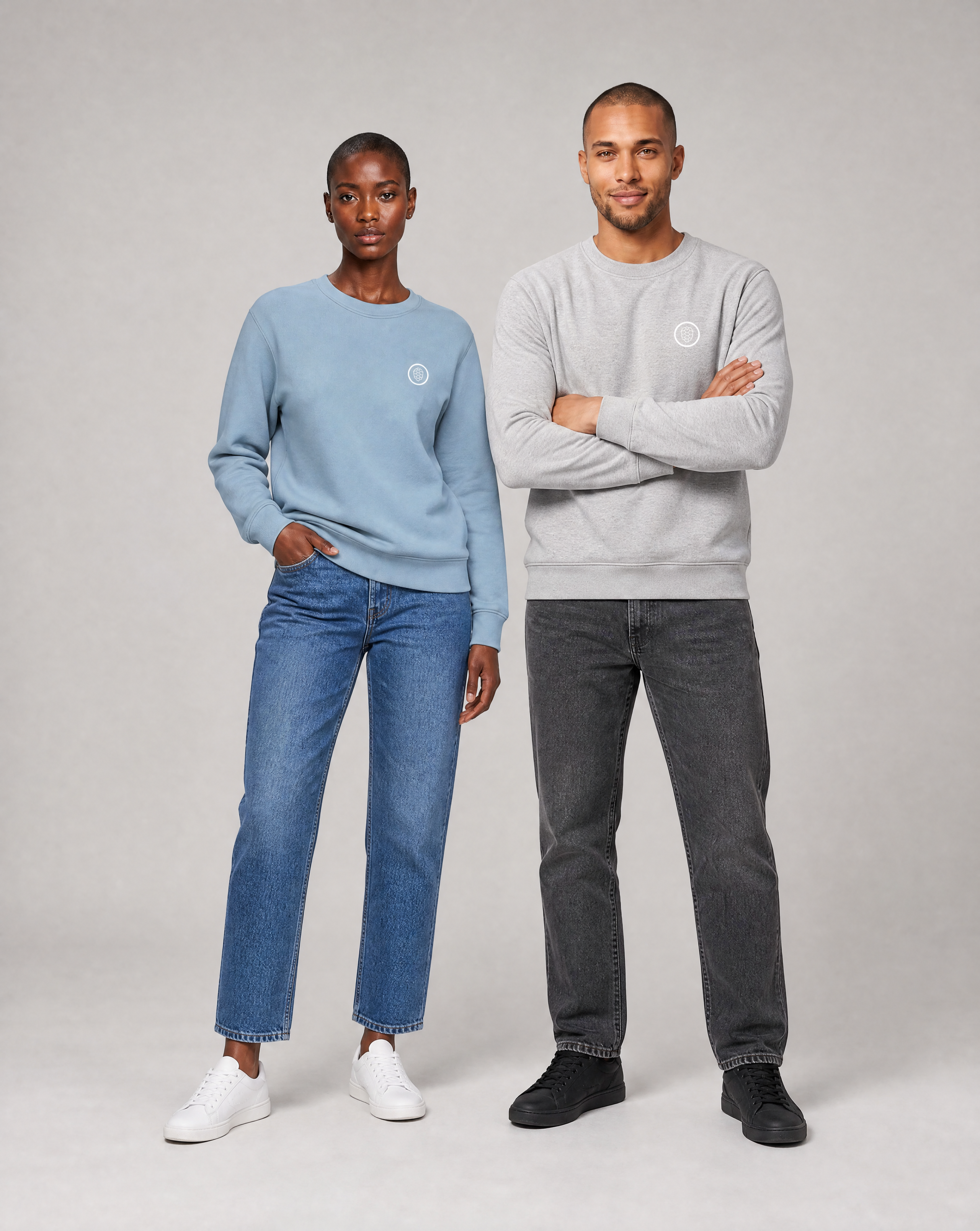 Mia and Noah wearing the unisex PlanetAir sweatshirt in aquamarine and moon grey heather, front view