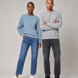 Mia and Noah wearing the unisex PlanetAir sweatshirt in aquamarine and heather grey, front view