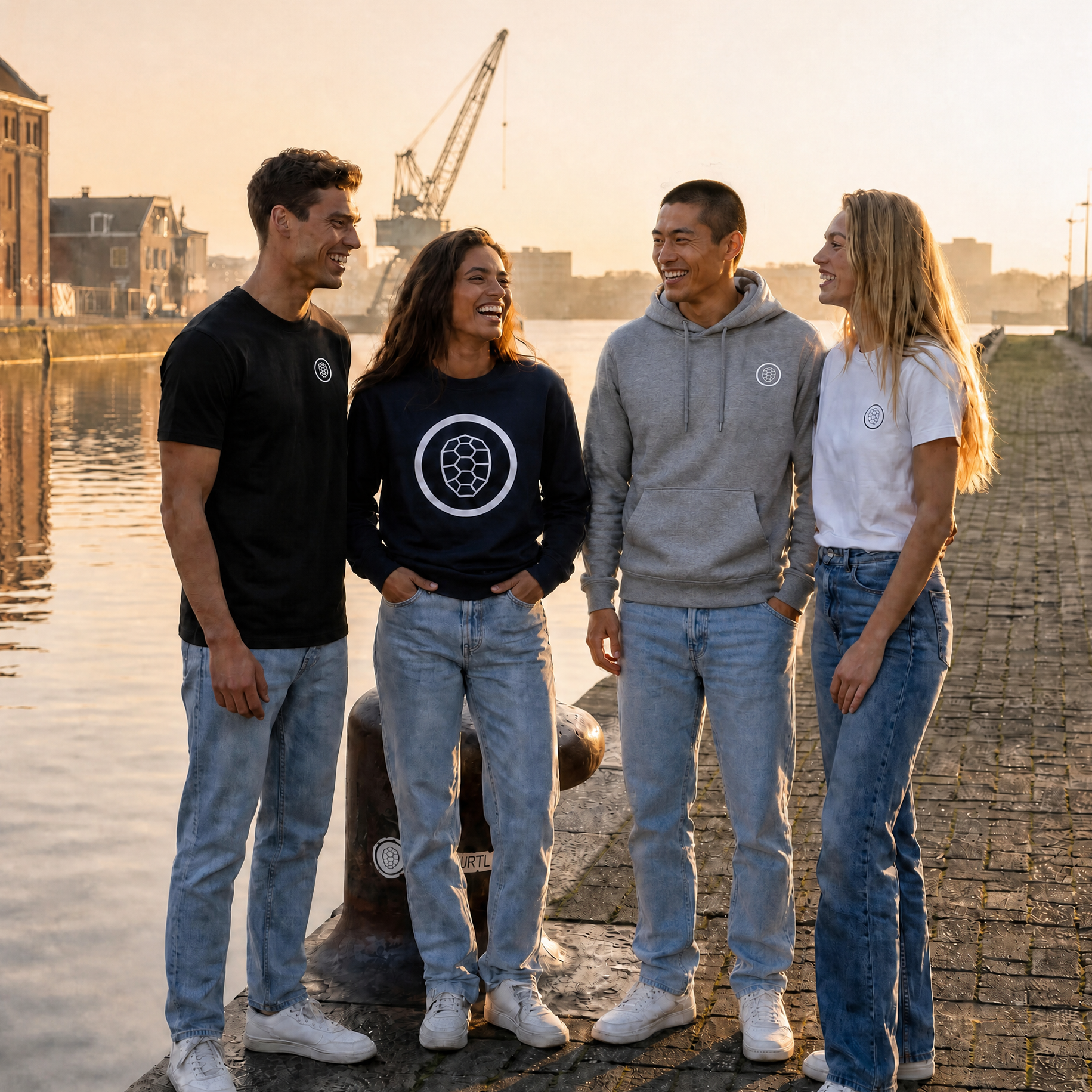 David, Vera, Jun and Anna in ONETURTLE streetwear laughing together on the Amsterdam harbour quay at golden hour