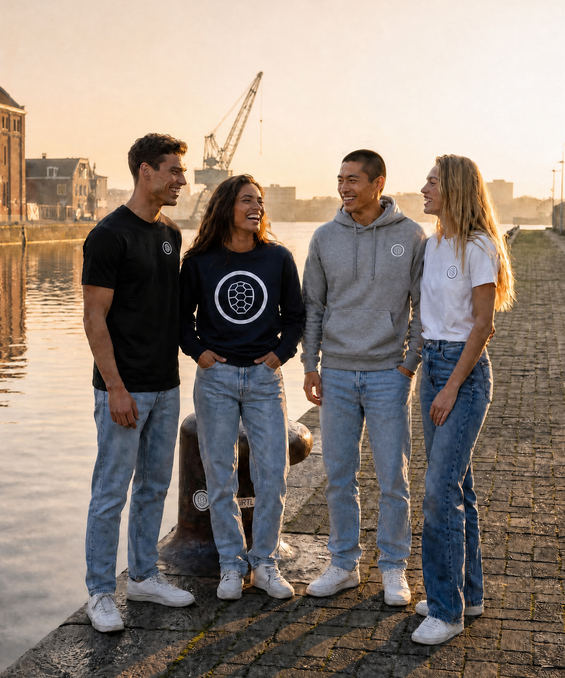 David, Vera, Jun and Anna in ONETURTLE streetwear laughing together on the Amsterdam harbour quay at golden hour