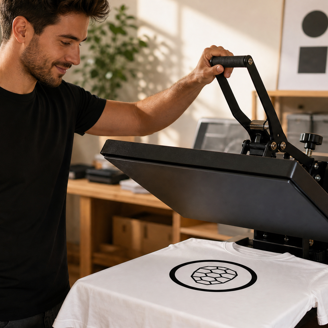 Printing a ONETURTLE t-shirt on a heat press in the studio