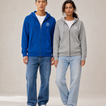 Jun and Vera wearing the unisex WindWhisper zip hoodie - front view